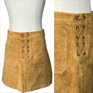Stradivarius Vtg Y2K 2010s Mini Suede Tie Front Skirt Boho Festival Western Sz 6